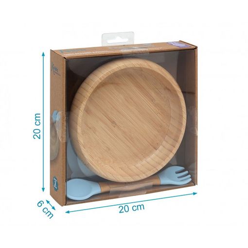 Plato Bambú+ Cubiertos de silicona Azul - Kiokids