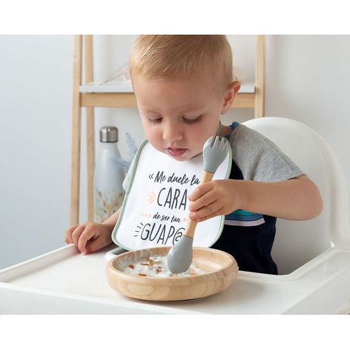 Plato Bambú+ Cubiertos de silicona Gris - Kiokids 