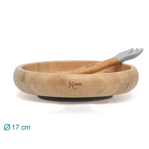Plato Bambú+ Cubiertos de silicona Gris - Kiokids 