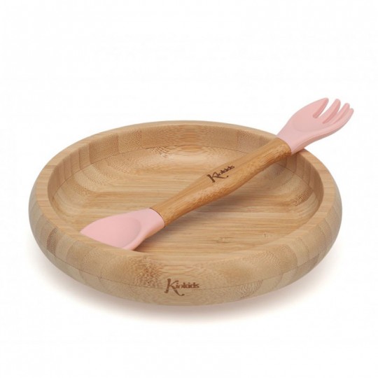 Plato Bambú+ Cubiertos de silicona Rosa - Kiokids