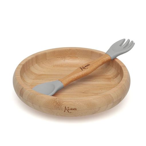 Plato Bambú+ Cubiertos de silicona Gris - Kiokids 